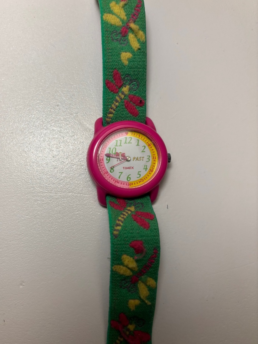 Vintage Kids Timex Pink Dragonfly Watch “To Past” Green Band CR1216 –Not Working